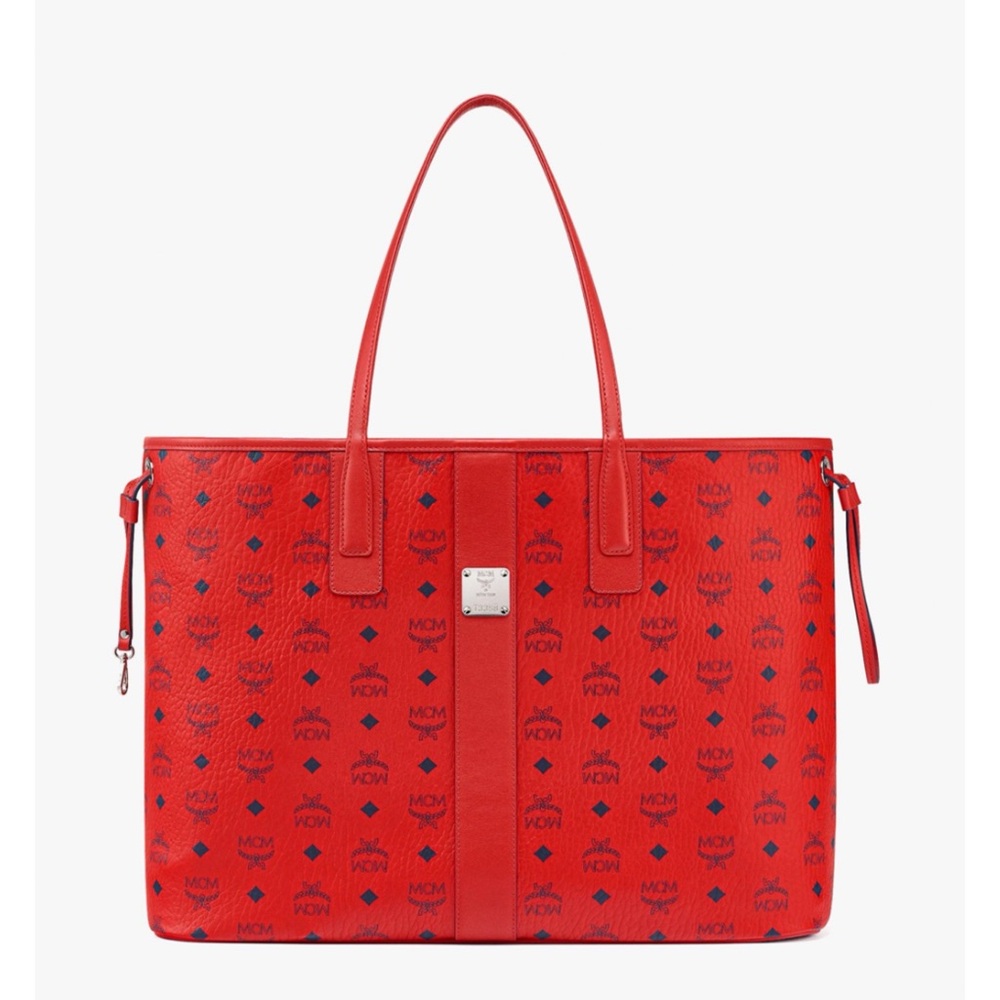 MCM Medium Liz Monogram Reversible Visetos Tote in Candy Red